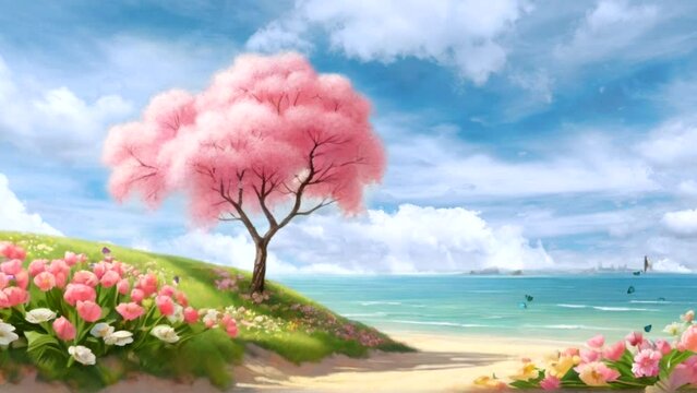 Spring scenery on the beach blooming flowers, pink leaves Seamless looping time-lapse 4k animation video background Generated AI
 