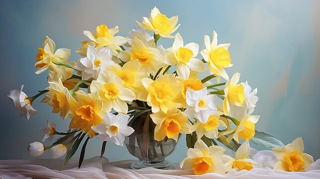 Painterly Jonquil Bouquet: An Artistic Composition with Vivid Hues of Yellow, Capturing Fragrant Allure in a Still Life Masterpiece
