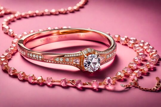 Craft an AI-generated masterpiece portraying the exquisite beauty of a high angle shot featuring a stunning ring and necklaces delicately arranged on a lustrous pink surface.