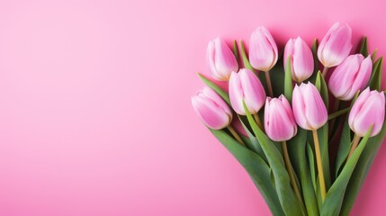 Obraz premium Pink tulips with fresh green leaves on a pink background. Beautiful background for a holiday, valentine's day, women's day. An empty space for the text.