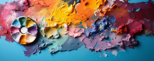 Tempera colors on canvas. Equipment for painting art. Generative AI.