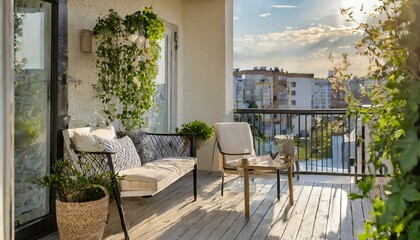 Fototapeta na wymiar Beautiful of modern terrace with wood deck flooring, green potted flowers plants and outdoors furniture. Cozy relaxing area at home back yard. Sunny stylish balcony terrace in the city