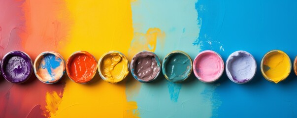 Tempera colors with brushes on a light background. Generative AI.