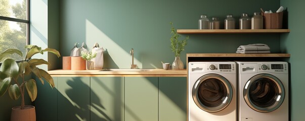 Beautiful modern laundry room, side by side washer and dryer. Green design. Generative AI. - obrazy, fototapety, plakaty