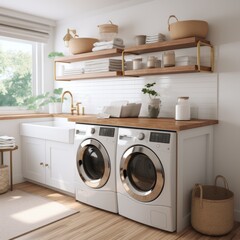 Beautiful modern laundry room, side by side washer and dryer. White design. Generative AI.