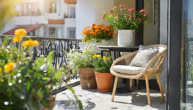 Beautiful of modern terrace with wood deck flooring, green potted flowers plants and outdoors furniture. Cozy relaxing area at home back yard. Sunny stylish balcony terrace in the city