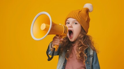 Child screams into megaphone, vibrant energy - obrazy, fototapety, plakaty