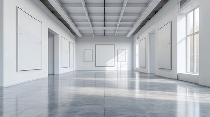 A large, white, empty gallery with windows. There are three large blank posters on the wall. The room has a minimalistic and modern aesthetic.