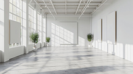 Obraz premium A large, white, empty gallery with windows. There are three large blank posters on the wall. The room has a minimalistic and modern aesthetic.