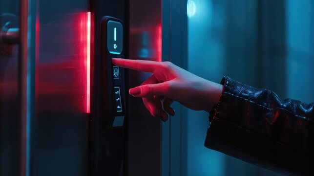 Closeup of a woman's finger entering password code on the smart digital touch screen keypad entry door lock in front of the room