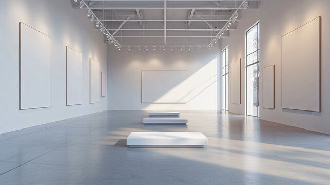 A large, white, empty gallery with windows. There are three large blank posters on the wall. The room has a minimalistic and modern aesthetic.