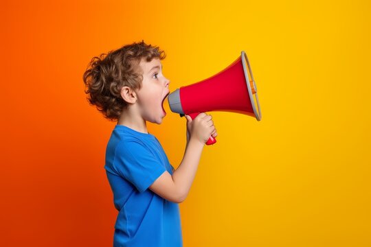 Child screams into megaphone, vibrant energy