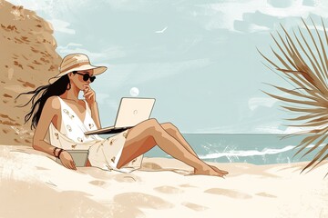 woman relaxes in the sand with her laptop on beach