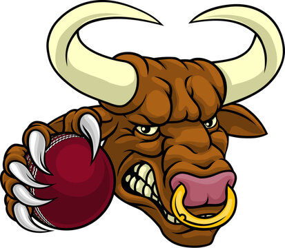 A bull or Minotaur monster longhorn cow angry mean cricket mascot cartoon character.