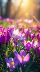 Tuinposter Blooming Joy: Colorful Crocuses on Sunny Spring Background - Nature Wallpaper © Manuel