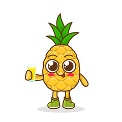 pineapple Fruit Cartoon Mascot Character Presenting And Holding Up A Glass Of Juice. Cute pineapple cartoon character holding a glass with juice.