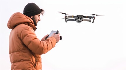 Young man operating a flying drone white background