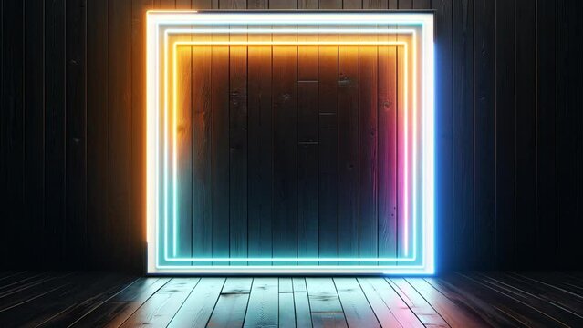 Square neon frame on dark wooden background.