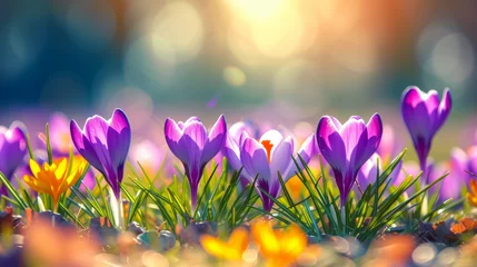 Tuinposter Blooming Joy: Colorful Crocuses on Sunny Spring Background - Nature Wallpaper © Manuel