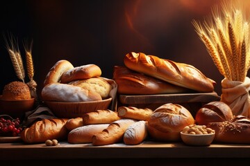 Different types of bread, rolls and pastries, food concept. Generative Ai.