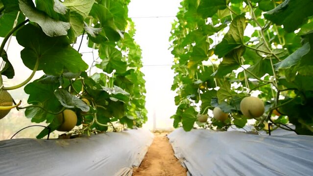 Closeup to moving in Fresh green melon in greenhouse