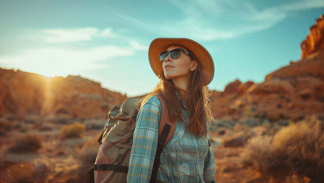 young woman hiking towards the sunset in high desert