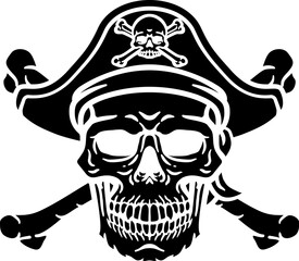 A pirate skull and crossbones jolly roger grim reaper cartoon wearing captain a hat and eye patch