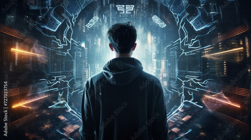 Poster futuristic cyberpunk hacker surrounded by holographic interfaces, code, and virtual reality elements