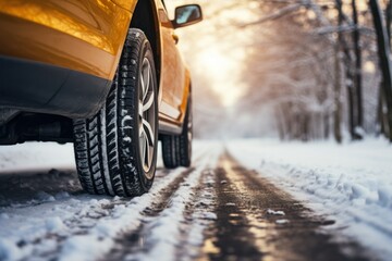 Highlighting the importance of winter tire safety, this photo exhibits a car effortlessly driving through snowy conditions. - obrazy, fototapety, plakaty