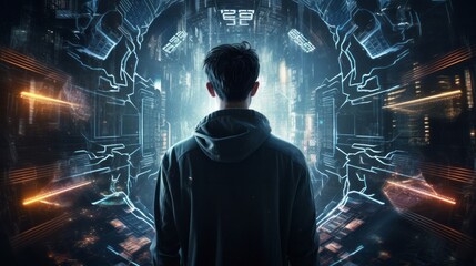 Futuristic cyberpunk hacker surrounded by holographic interfaces, code, and virtual reality elements in high-tech scene