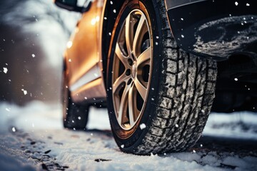 Demonstrating the effectiveness of winter tires, this image captures a car seamlessly maneuvering through a snowy terrain.
 - obrazy, fototapety, plakaty
