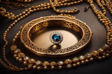Create an AI-crafted marvel showcasing the beauty of a high angle shot capturing a beautiful ring and necklaces arranged with precision on a resplendent blurred surface.