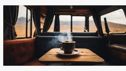 Steaming cup of coffee in a van life campervan living the slow life
