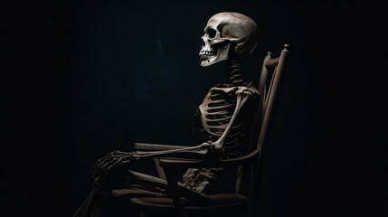 Fototapeta na wymiar a skull sitting on a chair with a dark background