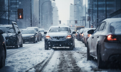 rush hour, city during heavy snowfall, snowstorm  highways, hindering traffic, a lot of cars slowly go about their business, reduced visibility, danger of accidents, careful driving
