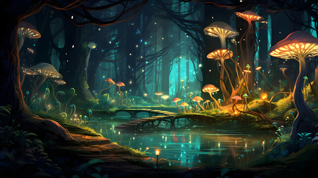 the forest is lit up with mushrooms and flowers, in the style of realistic fantasy artwork, fantastical street, dark emerald and light cyan,  Free Photo,,
Spring Dew in the Forest Glade Wallpaper

