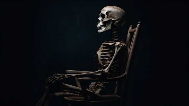 a skull sitting on a chair with a dark background