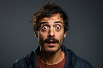 portrait of  mature mustachioed man reacting emotionally to what he sees - obrazy, fototapety, plakaty