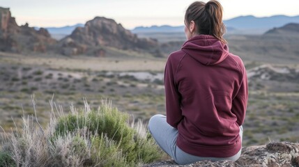 Naklejka na ściany i meble A woman in a maroon hoodie, sitting on a rock in a mountainous landscape, hoodie's mockup