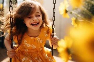 little sunny girl swings on a swing and laughs happily 