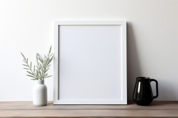 Fototapeta na wymiar white empty poster frame near the wall, template, mockup, minimalism