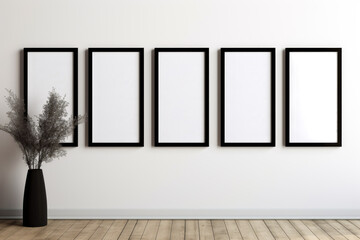 black empty frames for posters on the wall, template, mockup, minimalism