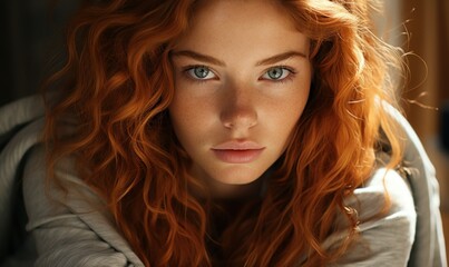 Naklejka premium Red-haired girl's close-up: flawless skin, freckles, expressive green eyes, and sensual lips—a tribute to natural beauty and genuine self-care