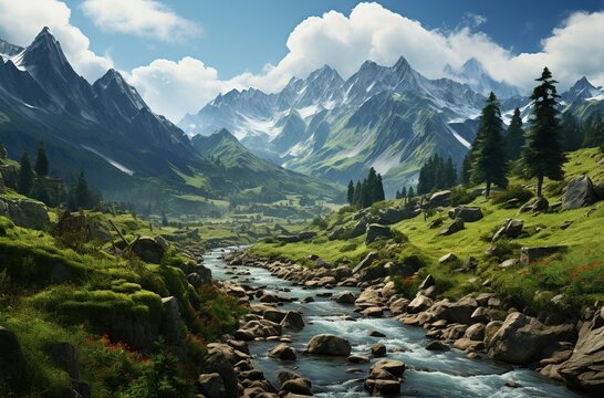 Landscape with lake and mountains. Created with AI