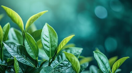 In-depth of green tea leaves and buds against a backdrop of tropical foliage with space, Generative AI. - obrazy, fototapety, plakaty