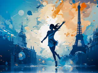 Olympic Games in Paris 2024. Silhouette of a woman under the tower in Paris. Athlete. Generative AI