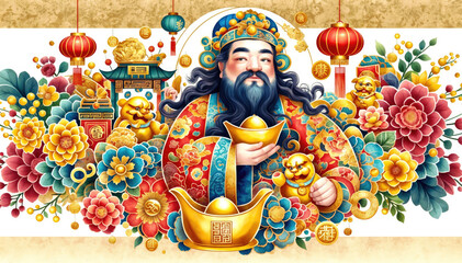 This illustration depicts the Chinese God of Wealth, Caishen, in a colorful and vibrant setting adorned with flowers, lanterns, and gold ingots symbolizing fortune.