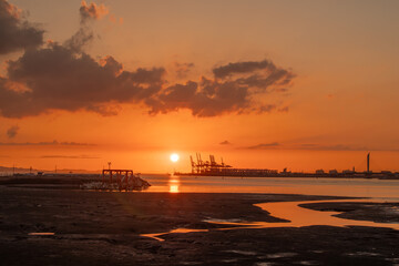 Cranes built to transport containers at sunrise and on the coast
