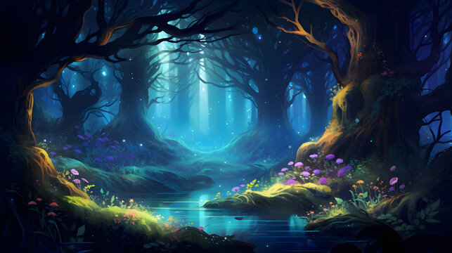 Photo painting of a waterfall in the night,,
Fantasy magical enchanted fairy tale landscape, fabulous fairytale garden. mysterious background and glowing in night,Magical fantasy fairy tale scenery, 
