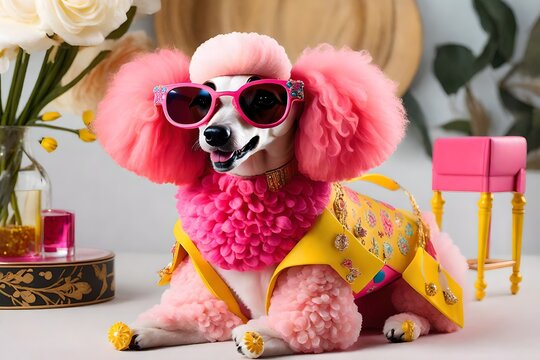 Craft an AI-generated delight capturing the whimsical charm of a poodle dog adorned with eye-catching pink and yellow sunglasses, styled in the fashion of eye-catching resin jewelry.